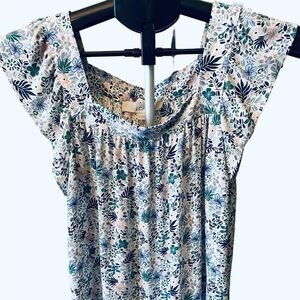 LOFT White and Blue Smocked Cap Sleeve Blouse